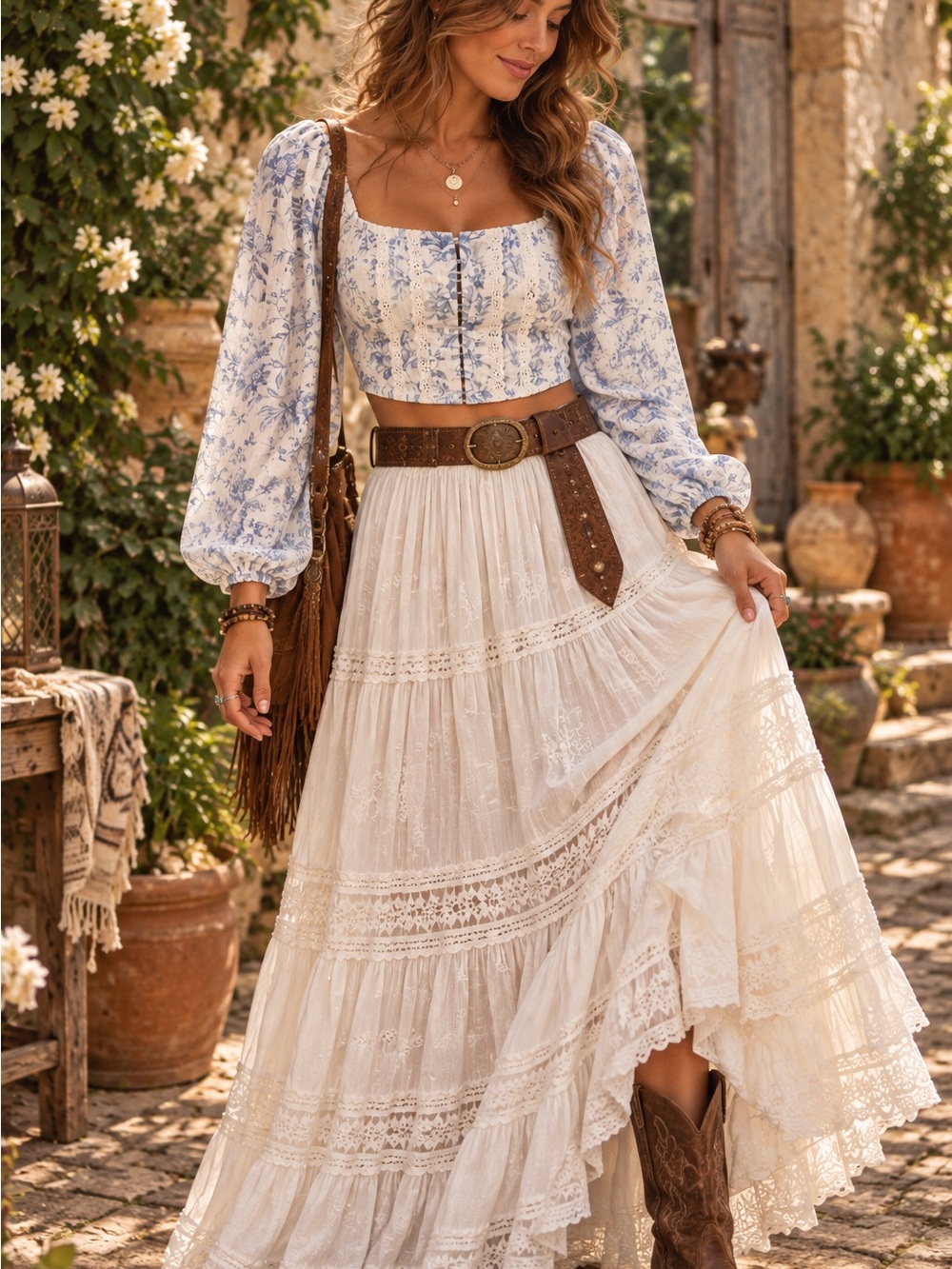 Altar’d State Blue Floral Corset Crop Top Lace Trim Puff Sleeve Romantic Boho XS